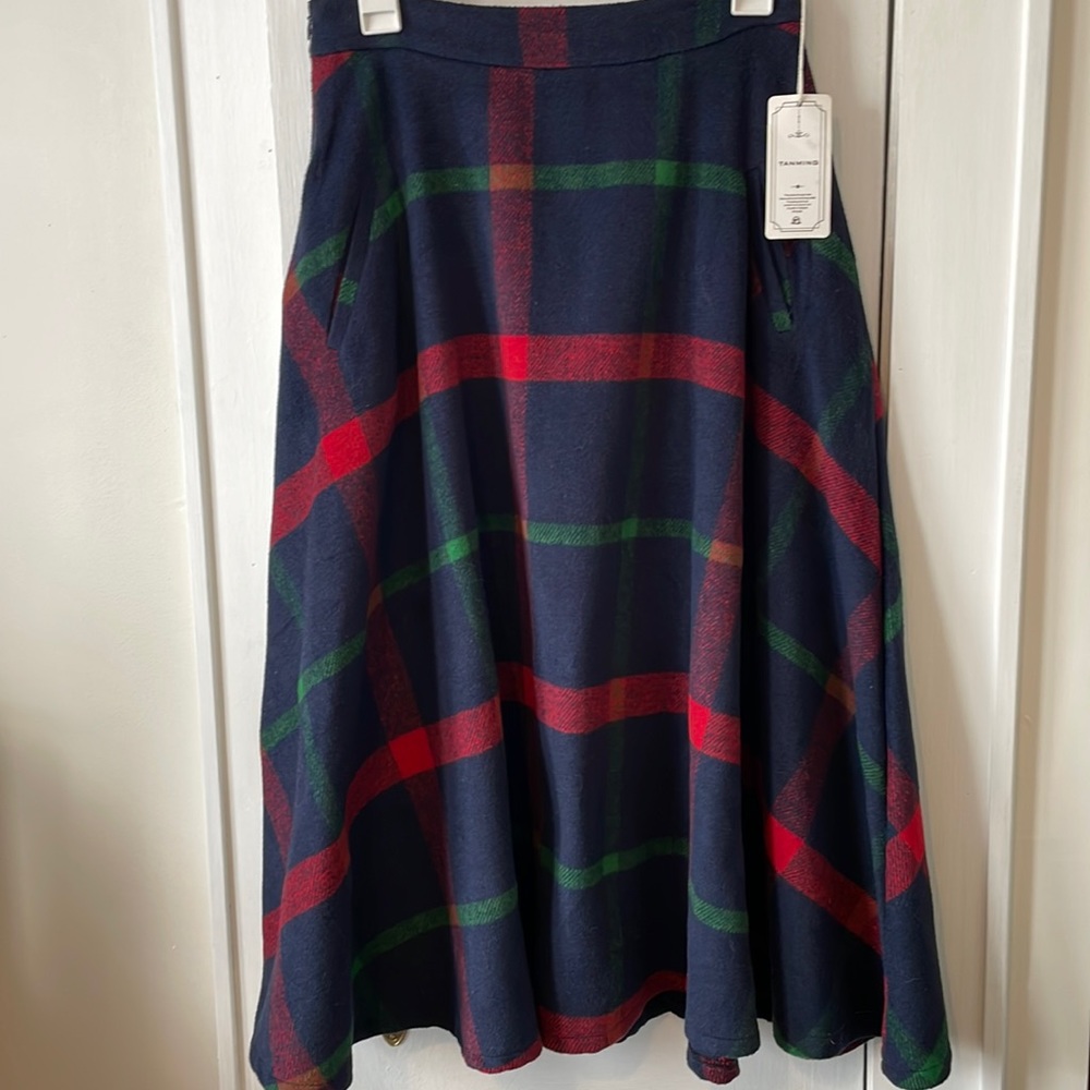 NWT Tanming Winter Wool Blend Plaid A-Line Pleated  Midi skirt